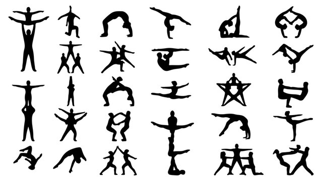 Acrobatic gymnastics silhouettes set, 24 athlete icons in various poses, cheerleading stunts and human pyramid vector elements for sports design