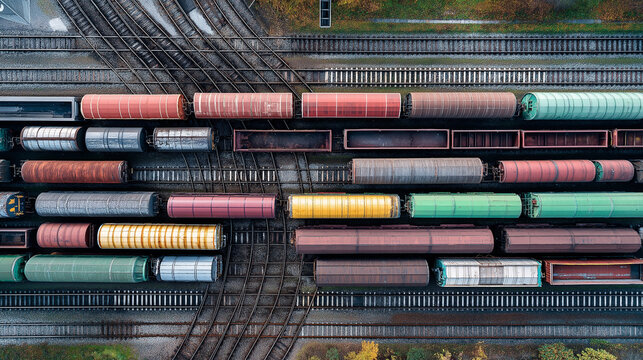 Railway Rails and Cargo Train Wagons from Above Industrial Transport Concept