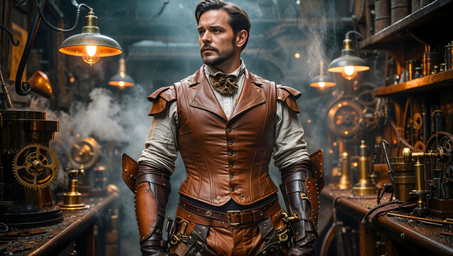 Man in a Victorian workshop wearing a leather vest and mechanical arm guard surrounded by steam and floating copper dust generative AI