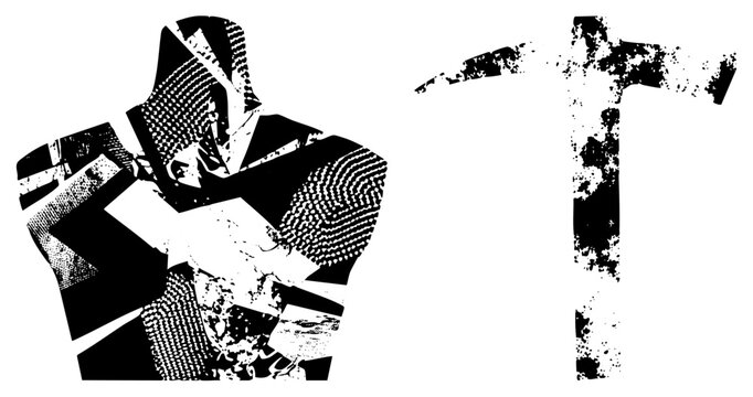 Miner figure holding pickaxe, stylized laborer, worker, black and white graphic, textured halftone, vector art.