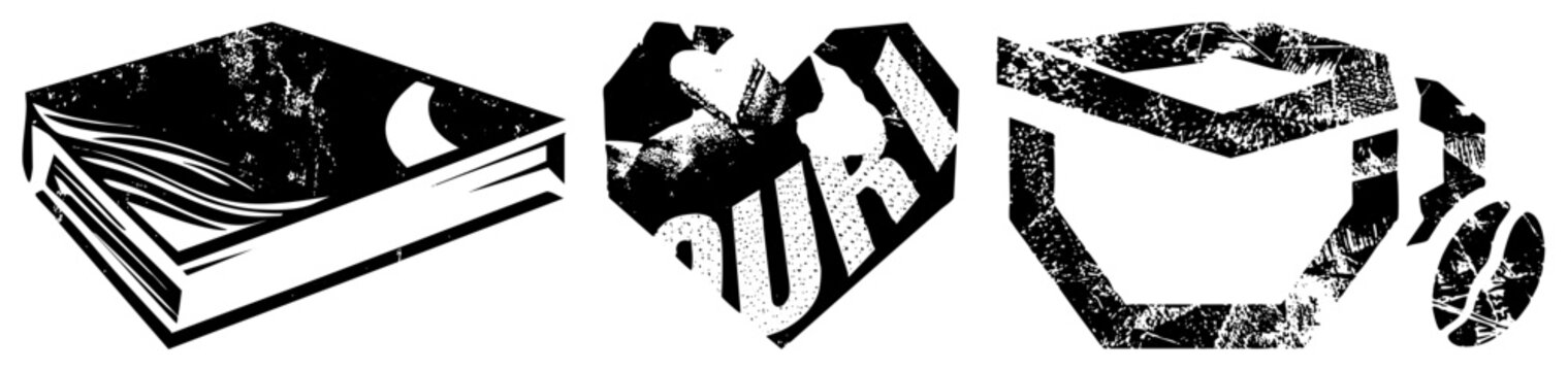 Retro stylized book with flowing pages, distressed heart shaped &ldquo;SURI&rdquo; logo, coffee cup silhouette, and coffee bean all in high contrast vector art with grunge texture.
