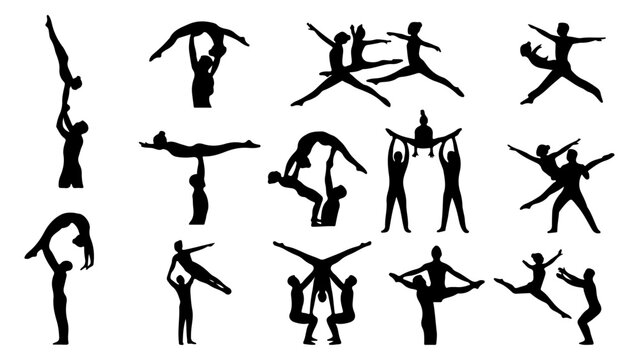 Acrobatic gymnastics silhouettes set, 14 vector elements of cheerleading stunts and partner yoga poses, athletic circus performers in balance