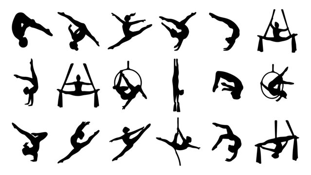 Gymnastics and aerial yoga silhouettes, 18 athlete vector icons, acrobatic performance poses, rhythmic gymnastics and circus arts elements