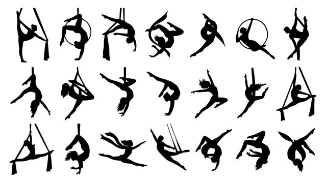 Aerial yoga silhouettes set, 21 circus acrobat vector icons, gymnastics and silk dance performance elements, black female athlete figures