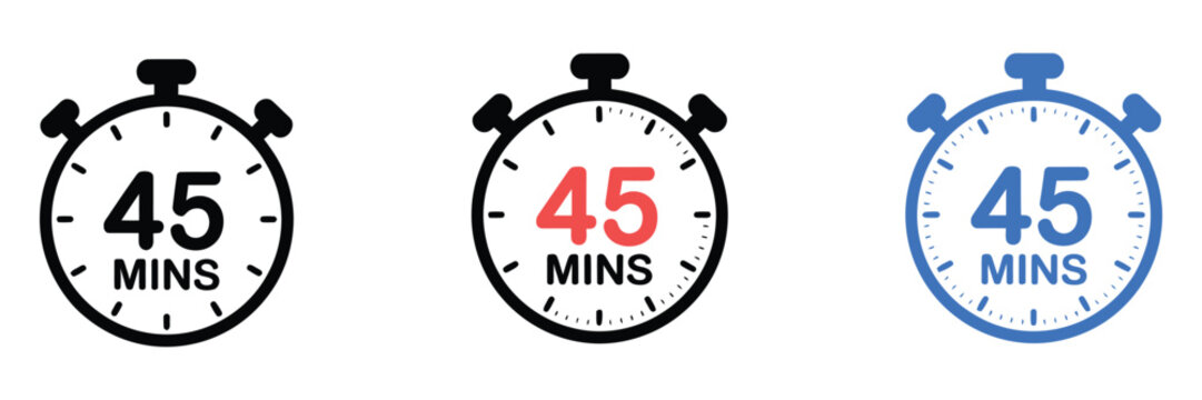 45 Minute Timer Stopwatch Countdown Icons Time Management Clock Alarm Schedule Productivity Vector Illustration Collection Isolated Background