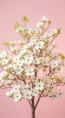 Fototapeta premium Blooming Dogwood Tree on Pink Background Dogwood Tree Flowers Blooming Nature Pink Background Botanical. Concept featuring dogwood, tree, flowers, blooming, nature for professional commercial design.