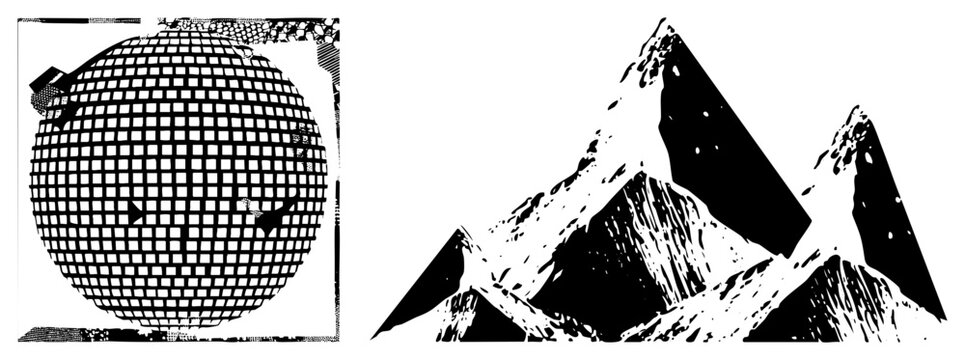Retro disco ball with grid and mountain peaks with textured snow, vector art, isolated graphic, stylized halftone effect, bold silhouette design.