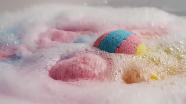 Colorful bath bomb dropping into water in slow motion. Bright pink, yellow, and blue sphere fizzing and creating white foam as it dissolves. Spa and self-care cosmetic concept