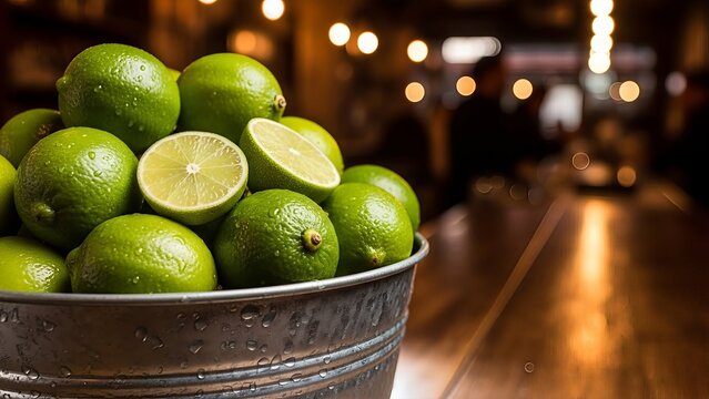 Refreshing limes displayed in metallic bucket at blurred cocktail bar setting awaiting preparation