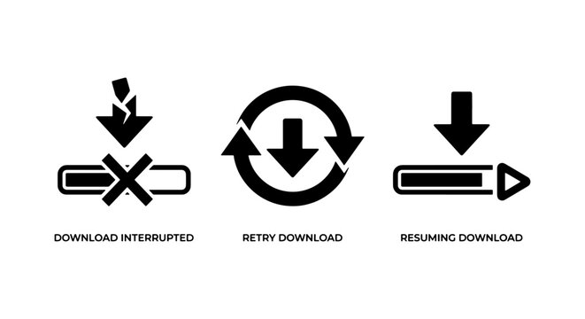 Black download status icons set, interrupted and retry download symbols, resuming download progress bar vector graphics for web interface
