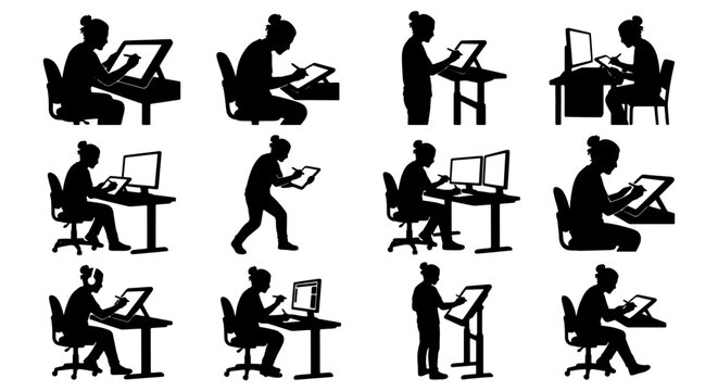 Digital artist silhouette set, female illustrator drawing on graphic tablet, creative designer working at desk with computer monitors, 12 vector icons