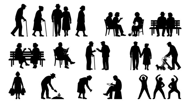 Elderly people silhouettes set, senior citizens walking and sitting icons, retired men and women lifestyle vector collection, aging population graphics