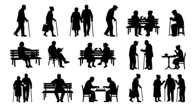 Elderly people silhouettes set, senior citizens walking and sitting on park benches, 15 vector elements of retired men and women in various activities