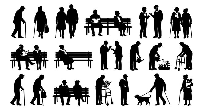 Elderly people silhouettes set, senior citizens walking and sitting on park benches, retired men and women vector collection for healthcare concepts