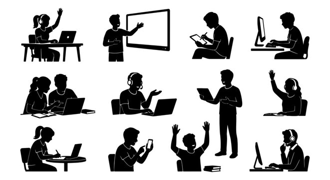 Student silhouette icons set, diverse pupils learning with technology and computers, classroom education vector collection, school children studying