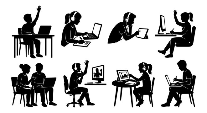 Online education silhouette set, students learning with laptops and computers, remote classroom digital study icons, 8 vector character elements