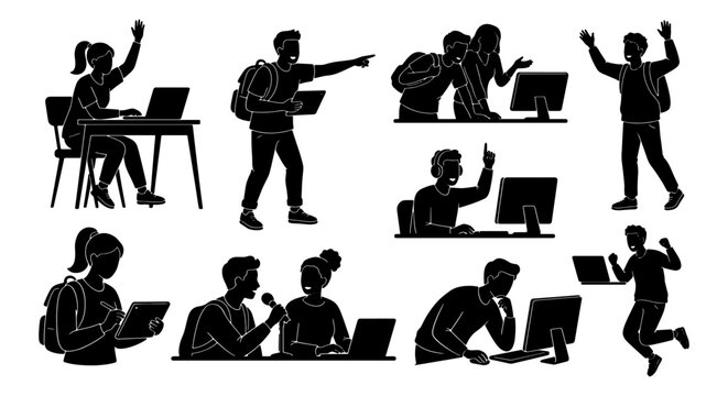 Black silhouette student characters set, university students with laptops and backpacks vector, diverse college people studying and working icons