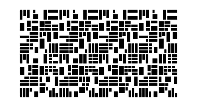 Abstract geometric pattern with black rectangular blocks, seamless digital coding texture, minimalist tech background vector illustration
