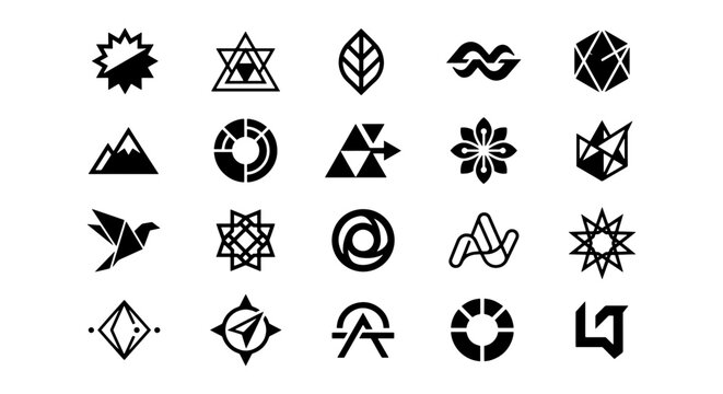 Minimalist geometric logo icons set, 20 black abstract vector symbols, modern branding elements for corporate identity and web design