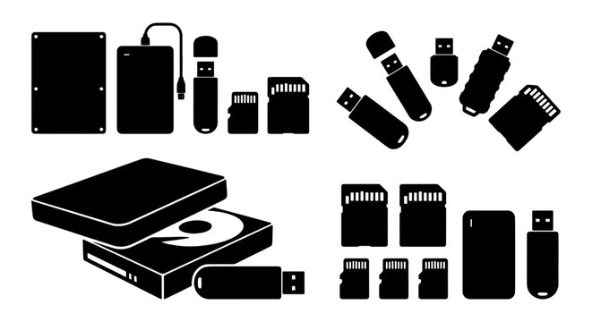 Data storage device icons set, black silhouette vector of hard drive and flash memory, portable USB stick and SD card collection for computing