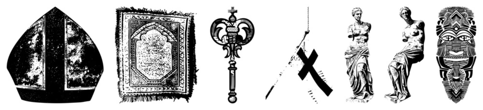 Set of sacred artifacts, including mitre, ornate scepter, rug, crucifix, classical statues, and tribal mask, rendered as isolated vector graphics with halftone texture.