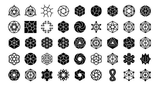 Sacred geometry icons set, 45 abstract geometric symbols and line art shapes, black minimalist alchemy and mystical vector elements for logo design