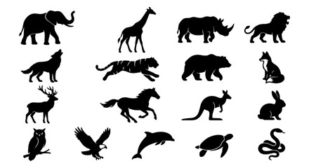 Wild animal silhouettes collection, 17 black vector icons of safari and forest wildlife, zoo fauna silhouettes for nature logos and educational design © Shohidul