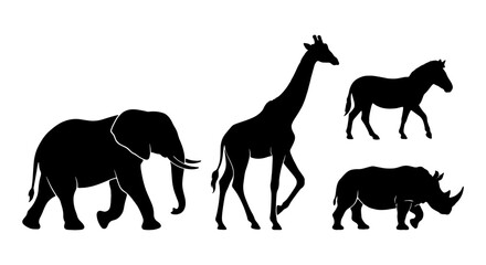 African safari animal silhouettes set, black elephant giraffe zebra and rhino vector icons, wild savanna wildlife collection on white background © Anwar