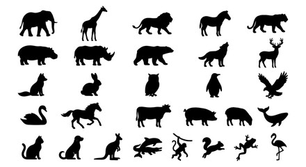 Black animal silhouettes collection, set of 25 wild and domestic animal icons, minimalist wildlife vector shapes for logos and educational design © Shohidul