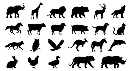 Black animal silhouettes collection, set of 23 wild and domestic animal icons, minimalist wildlife vector shapes for nature logos and educational design © Shohidul
