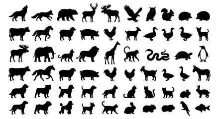 Animal silhouette collection, 60 black vector icons of wild animals, farm livestock, and domestic pets, isolated fauna shapes for nature design © Shohidul