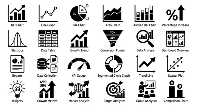 Data analysis and business infographic icons, set of 24 black vector symbols, financial growth charts and analytics dashboard elements for reports