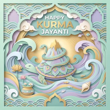 Colorful kurma jayanti celebration with layered paper art and waves
