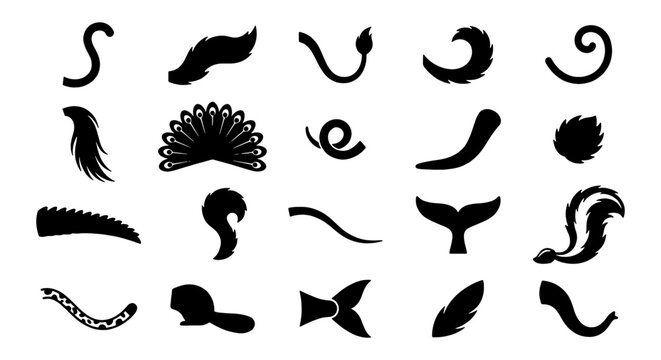 Animal tail silhouettes collection, 20 black vector icons of mammal and reptile tails, wildlife anatomy shapes for character design and logos
