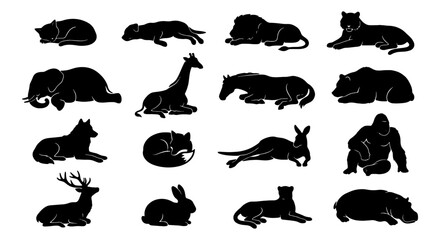 Sleeping wild animals silhouette collection, 16 vector icons of resting safari and forest creatures, black animal shapes in lying poses © Anwar