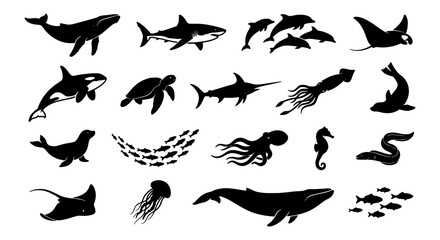 Marine life silhouette vector set, black sea animal icons including whale shark and dolphin, aquatic wildlife collection for ocean conservation © Shohidul