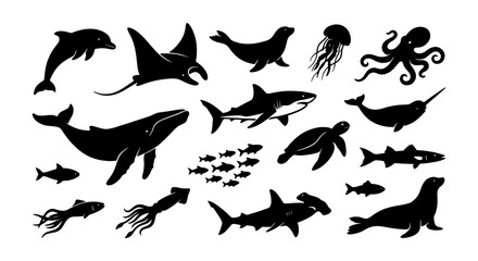 Black sea animal silhouettes set, marine life vector icons collection, ocean wildlife illustrations with shark whale and dolphin, aquatic creature shapes © Shohidul