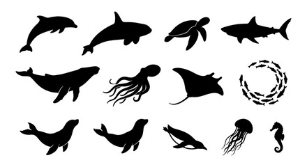 Marine life silhouette collection, 13 sea animal vector icons, black aquatic wildlife shapes including whale, shark, dolphin and octopus on white background © Shohidul