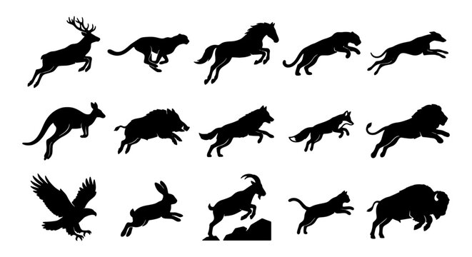 Black animal silhouettes set of 15 jumping wildlife icons, running wild animals vector collection, jumping mammal and bird silhouettes for nature logos