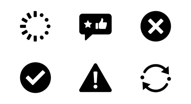 Minimalist black interface icons set, 6 vector UI elements for web and apps, loading spinner and feedback symbols, system status notification signs