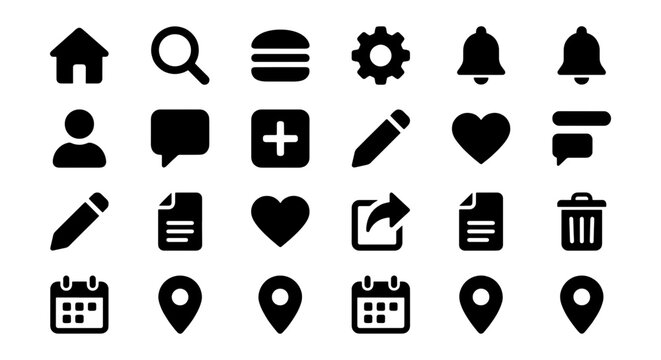 Minimalist UI icon set, black solid web interface symbols, collection of 24 vector navigation and application icons for mobile app design
