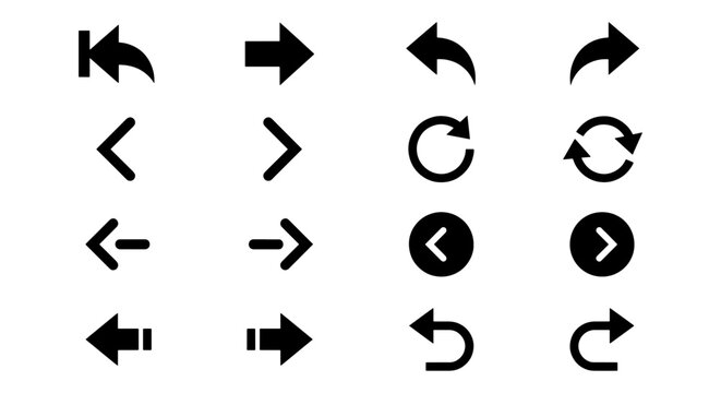 Minimalist black arrow icon set, 16 vector navigation symbols for UI design, modern directional pointers and refresh buttons for web apps
