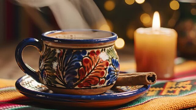 Caf&eacute; de olla humeante en taza de talavera tradicional para celebraci&oacute;n de Cinco de Mayo, ambiente c&aacute;lido con vela y canela, ideal para marketing de gastronom&iacute;a mexicana y cultura.