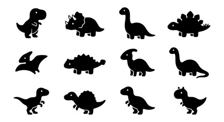 Cute dinosaur silhouette icons set, 12 black prehistoric animal vector elements, cartoon dino characters for kids education and nursery decor © Shohidul