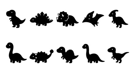 Cute dinosaur silhouette icons set, cartoon prehistoric animal vector collection, black dino shapes for kids nursery and educational design © Shohidul