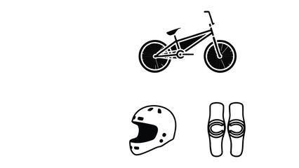 Naklejka premium BMX gear and a bike: An illustration of a BMX bike alongside protective gear like a helmet and knee pads, symbolizing the sport and the need for safety.