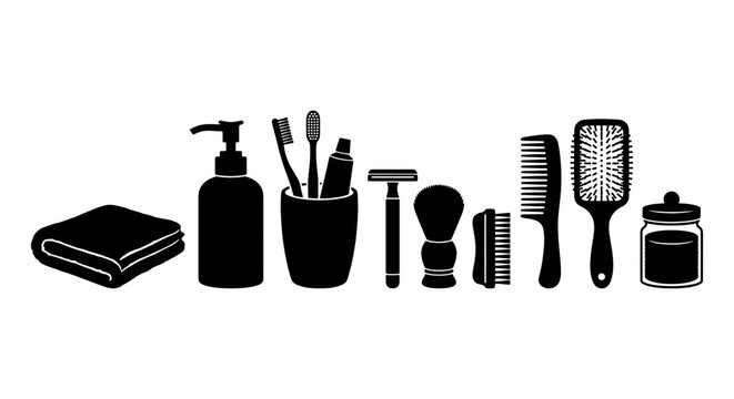 Black silhouette bathroom accessories set, personal hygiene grooming icons, daily morning routine essentials for web and print design