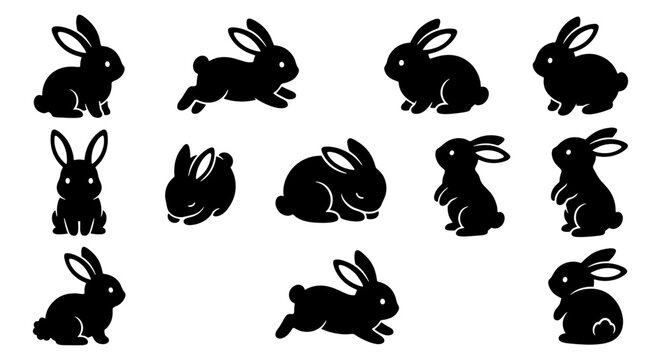 Black rabbit silhouette collection, set of 12 bunny icons in various poses, minimalist hare vector graphics for Easter and nature design