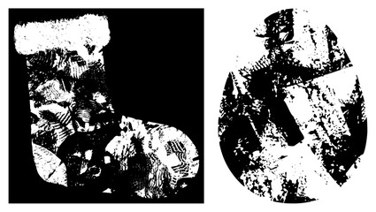 Obraz premium Holiday with fuzzy cuff and snowman figure in stylized black and white, halftone texture, festive winter decor, isolated vector graphic, Christmas symbols.