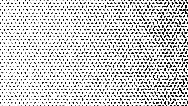 Black and white halftone pattern with repeated semicircle geometric shapes. Abstract monochrome background. Randomly rotated half circles. Retro comic style texture for web design.